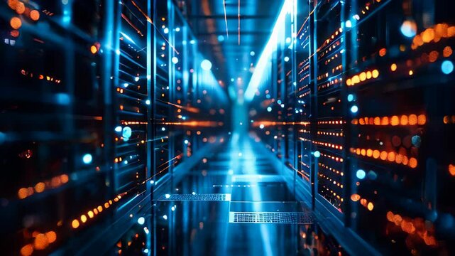 Data center with a row of computer servers. Abstract generic concept of cyberspace, communication and technology.