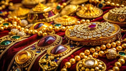 Shimmering Gold Treasures Displayed on Ancient Velvet Fabric for Luxurious and Elegant Imagery