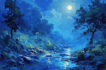 Fototapeta premium A painting of a forest with a river and a full moon in the sky