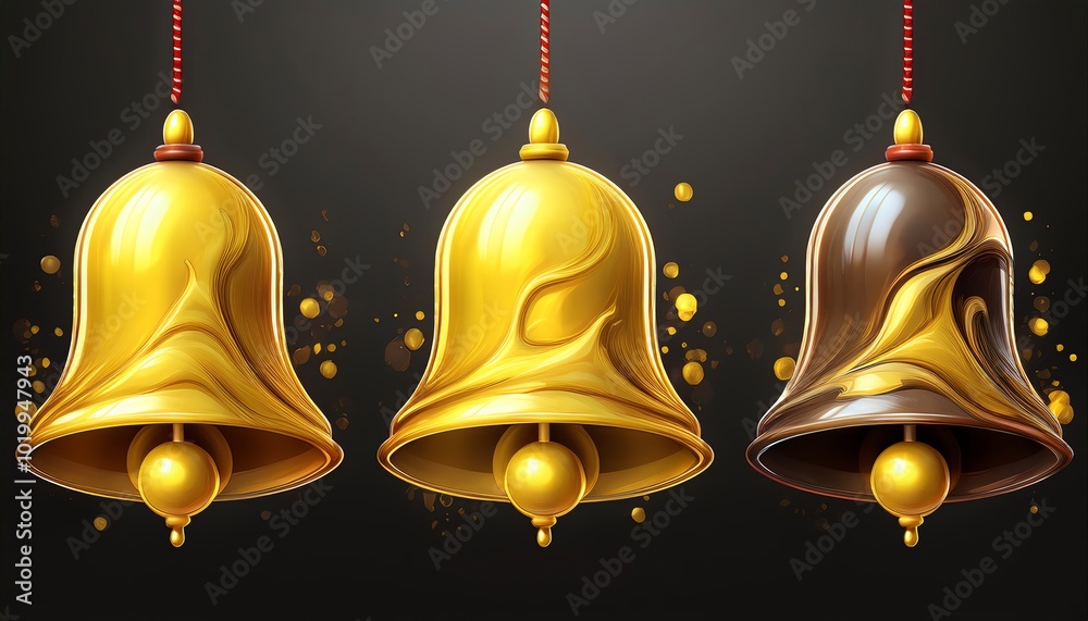 Wall mural three decorative bells in gold and bronze hues, with intricate designs, hanging against a dark backg