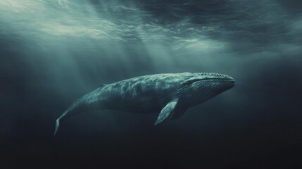 Fototapeta premium A majestic whale swimming gracefully through deep ocean waters, showcasing the beauty of marine life and tranquility beneath the surface.