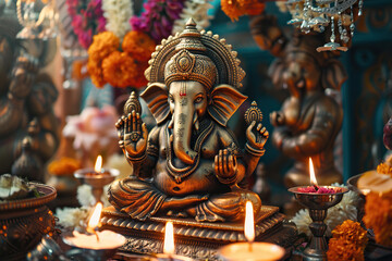 Beautiful greeting card with bright holiday composition for happy celebrate Ganesh Chaturthi