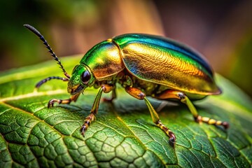 Fototapeta premium Shiny Gold Beetle on Leaf with Natural Background Capturing the Beauty of Insects in Nature