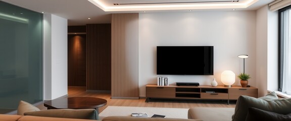 A beautifully designed living room featuring a sleek television, stylish furniture, and soft lighting creates an inviting atmosphere perfect for relaxation and social gatherings