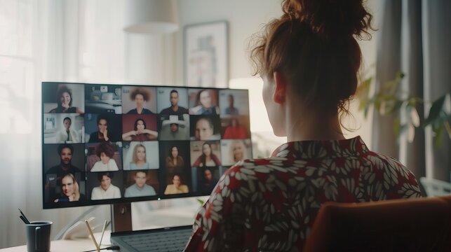 Back view of female employee participating in video call with diverse multiracial colleagues for online briefing, working from home with modern laptop, engaged in remote team meeting