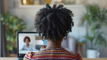 Back view of female employee participating in video call with diverse multiracial colleagues for online briefing, working from home with modern laptop, engaged in remote team meeting