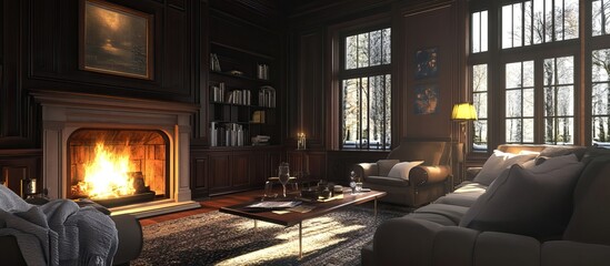 Cozy Fireplace in a Dark Wooden Library