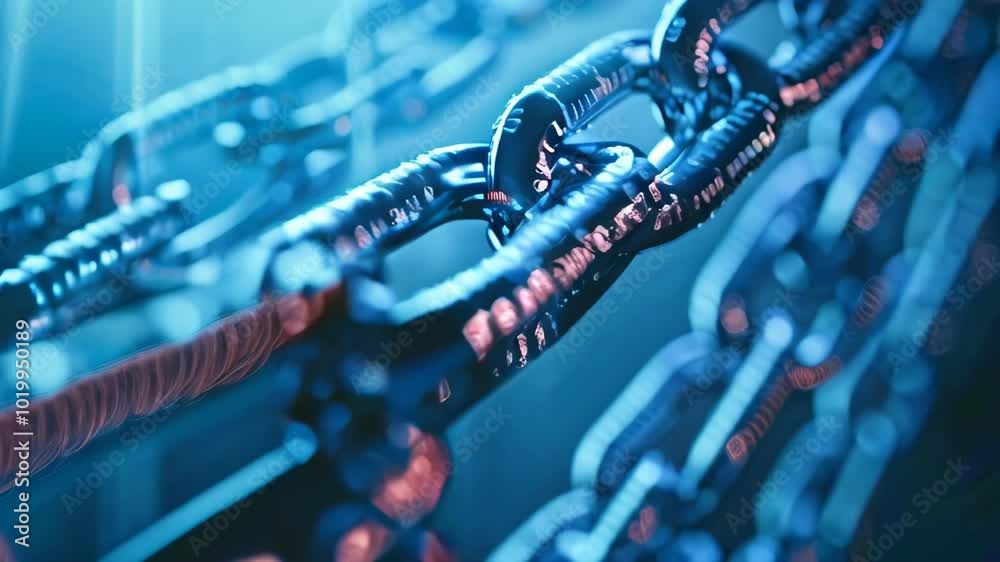 Poster digital blue chain with binary code on a dark background