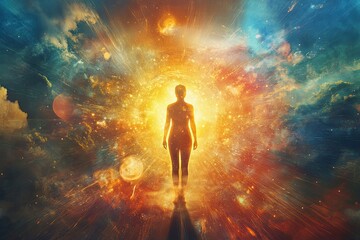 Obraz premium Human Silhouette Emerging from a Glowing Cosmic Portal