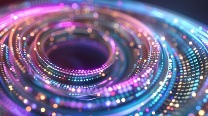 Glowing vortex of colorful neon lights, digital particles spiraling, abstract background, Cyber Monday, technology concept