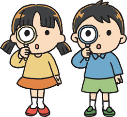 虫眼鏡を覗き込む男の子と女の子
