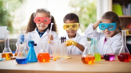 Enthusiastic children in goggles and lab coats conduct vivid experiments in a lively science lab, fostering curiosity and a love for discovery.