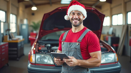 A male European auto mechanic stands in a service center in a Santa Claus hat, celebrates the new year, mechanic, repairs a car