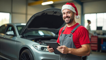 A male European auto mechanic stands in a service center in a Santa Claus hat, celebrates the new year, mechanic, repairs a car