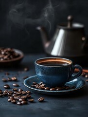 A steaming cup of coffee with roasted beans, perfect for coffee lovers seeking warmth and comfort in every sip.