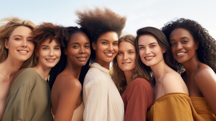 Fototapeta premium A diverse group of women, standing together, showcasing solidarity and unity, their warm expressions symbolizing empowerment and strength.