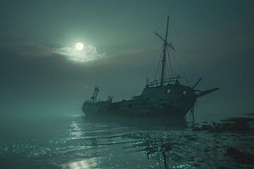 Obraz premium Underwater view of an old sunken ship on seabed with fish swimming