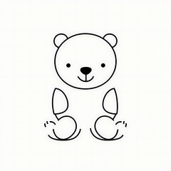 Create a minimalist black-and-white illustration of a cute bear sitting down. The bear should have simple, rounded features, including small ears, a circular face, and soft, geometric body shapes. The