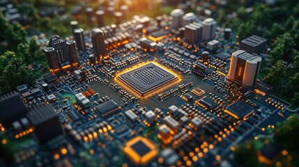 Obraz premium Aerial view of a futuristic microchip circuit board.