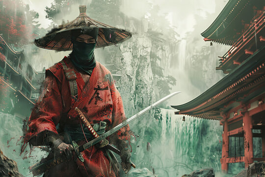 Japanese ninja warrior dressed in samurai clothes holding a sharp sword