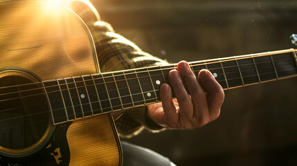 Obraz premium A hand sliding down an acoustic guitar fretboard, with natural light streaming through, capturing the sense of motion, emotion, and connection between the player and the instrument 