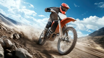 A motocross rider speeds down a dirt track, kicking up dust, with a bright blue sky and white clouds in the background.