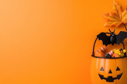 Halloween party concept with spooky elements, candy, and a pumpkin bucket on an orange background.