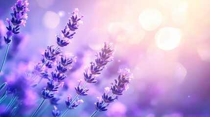 Obraz premium Lavender flowers on a purple background with a blurred focus and a sunset light effect.A nature and calm concept.