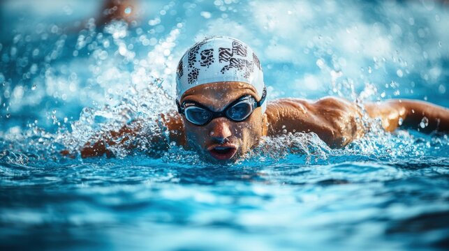 a competitive swimmer in a race, showcasing determination and technique during the backstroke