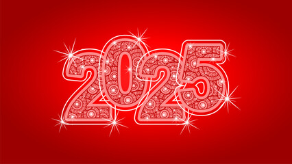 Banner New Year 2025 light glitter typography with pattern and neon outline 2025. New Year 2025 on red background