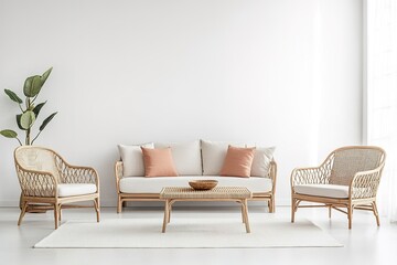 Minimalist interior with wicker furniture and plant