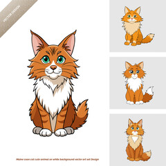 Cute Maine Coon Cat  Vector Art Set Design on White Background