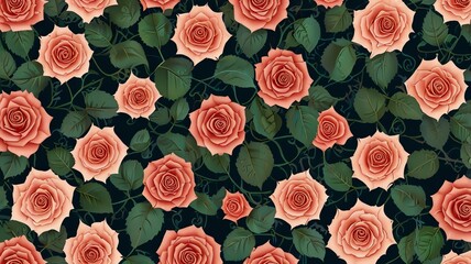 a seamless pattern of pink roses with green leaves.