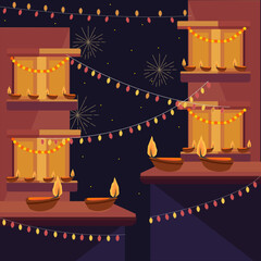 diwali view of a urban city decorated with lights diya fireworks background for Indian festival happy Diwali celebration