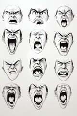 An illustration showcasing various expressions of anger and frustration through drawings of faces yelling and screaming.