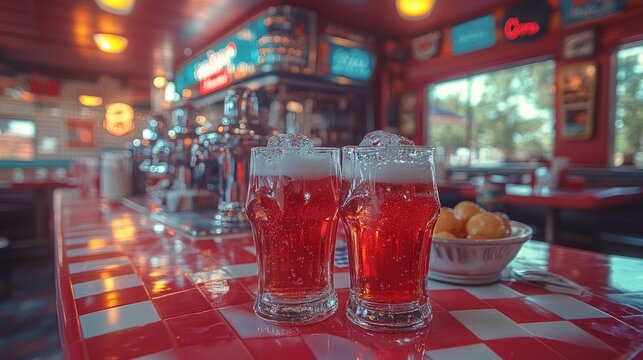 Two frothy glasses of soda on a checkered table in a diner.