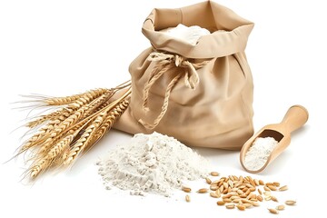 Paper bag with wheat flour and wooden scoop isolated on white background