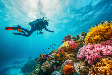 Fototapeta premium Beautiful diver goes on an underwater adventure in frighteningly deep sea