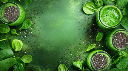 A fresh and vibrant arrangement of green smoothies surrounded by leafy greens on a textured green background, perfect for healthy lifestyle and nutrition concepts.