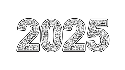 Vector coloring Banner New Year 2025 typography, number with pattern and. New Year 2025 black and white illustration