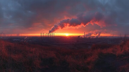 Industrial Sunset with Smoke Plumes over a Factory Complex