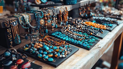 Obraz premium Colorful Beaded Necklaces and Bracelets Displayed on a Wooden Table