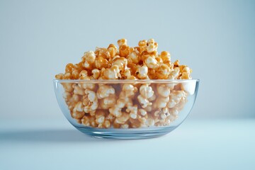An artistic display of caramel popcorn in a glass bowl on a light blue background