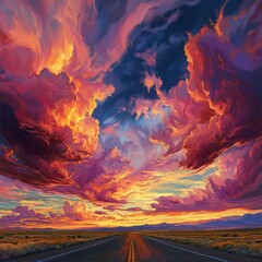 Desert highway at sunset through the open countryside with dramatic clouds and vibrant colors