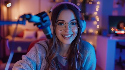 Young woman blogger recording online course or workshop for followers, chatting via webcam at home with wireless high-speed internet connection