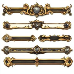 Design of golden fantasy game borders UI button frames isolated on white 