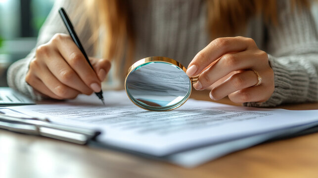 woman's hands hold a magnifying glass over tax documents, symbolizing attention to detail, financial scrutiny, and careful management of personal or business finances