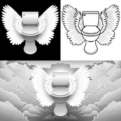 The symbol of the toilet bowl, which has 3 styles: a winged toilet, a winged toilet with only lines, and a winged toilet with a background of clouds like heaven.