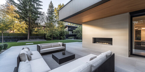 Modern outdoor living space with seating and fireplace in a serene landscape
