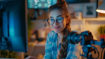 Young woman blogger recording online course or workshop for followers, chatting via webcam at home with wireless high-speed internet connection